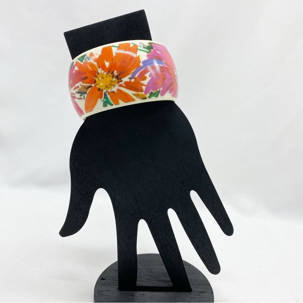 Vintage Red Pink Orange Flower Print Wide Bangle Bracelet